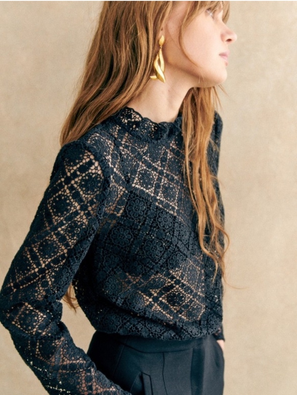 Sezane Eglantine Blouse Marine Navy Blue Floral Lace High Neck Long Sleeve Top